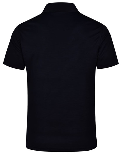A black textured polo shirt featuring a collar and short sleeves, with a logo on the back.