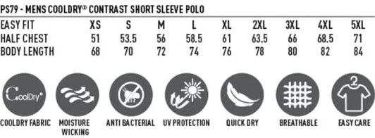A men's short sleeve polo in various sizes featuring a logo, made from Cooldry fabric in contrasting colours.
