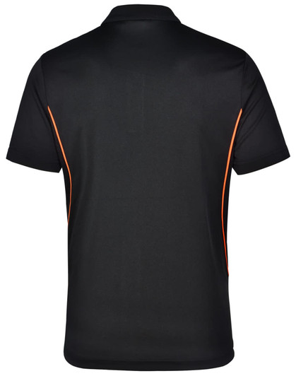 A black polo shirt featuring contrasting orange piping along the sides and a logo on the back.