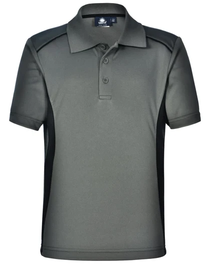 A grey kids' polo shirt with black contrast panels and a collar, featuring a logo on the upper area.