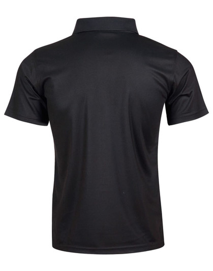 A black short-sleeved polo shirt featuring a classic collar and a logo on the back.