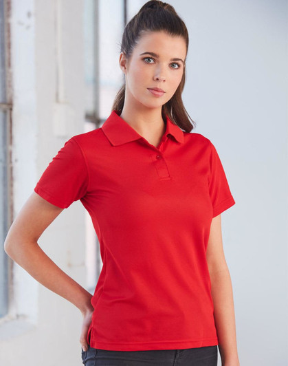 A red short-sleeved polo shirt for ladies, featuring a classic collar and a branding logo.