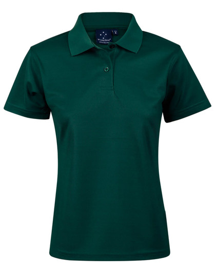 A dark green ladies' polo shirt with a collar and a logo on the chest. Features short sleeves and a classic fit.