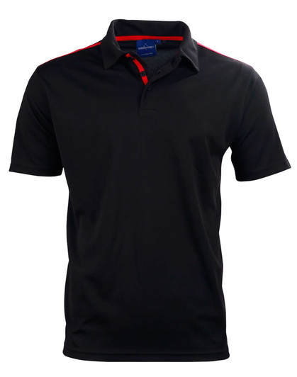 A black short sleeve polo shirt with red contrast detailing and a branding logo on the chest.