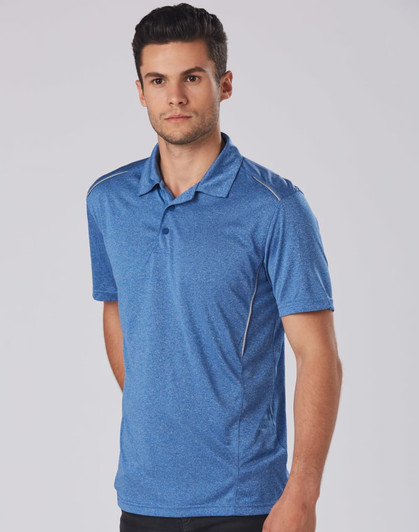 A blue short sleeve polo shirt featuring a logo, with a sporty design and contrasting accents.