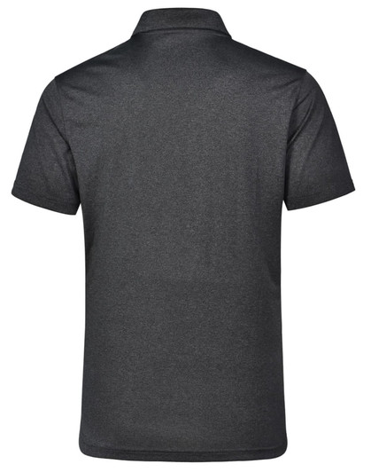 A dark grey men's short sleeve polo shirt featuring a collar and a logo.
