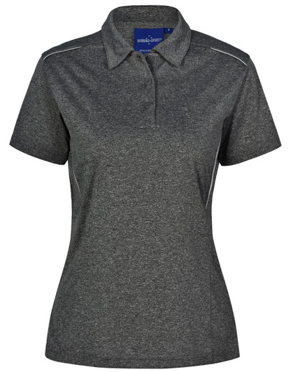 A dark grey short sleeve polo shirt with a collar and a small logo on the front.