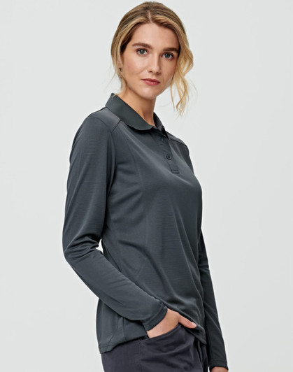 A long-sleeved polo shirt in charcoal grey, featuring a collar and a logo on the chest.