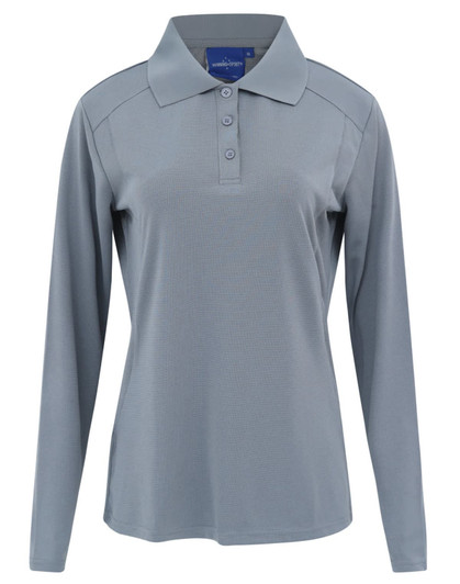A long-sleeved women's polo shirt in light grey with a collar and three buttons, featuring a logo.