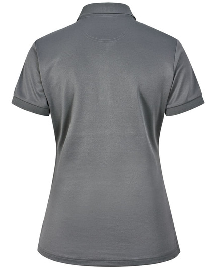 A grey ladies' sustainable poly/cotton short-sleeve polo shirt with a back view and a logo.