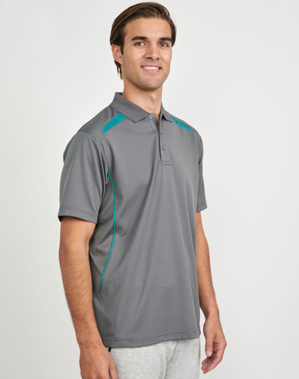 A Men's sustainable poly/cotton contrast short-sleeve polo shirt in grey with teal accents and a logo.