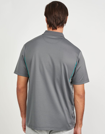 A grey men's sustainable poly/cotton polo shirt with contrast detailing and a collar. It features a logo on the front.