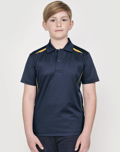 A navy blue kids' polo shirt with contrast yellow detailing and a collar. It features a logo on the front.