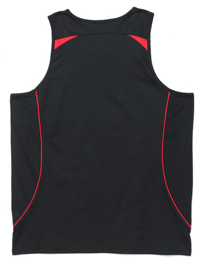 A black men's singlet with red detailing and a logo on the back.