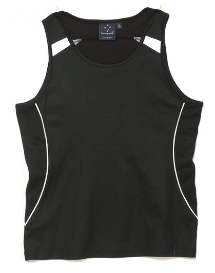 A black ladies' singlet with white accents and a logo, designed for casual or active wear.