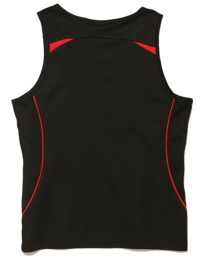 A black singlet featuring red accents and a logo. The design includes curved lines along the sides.