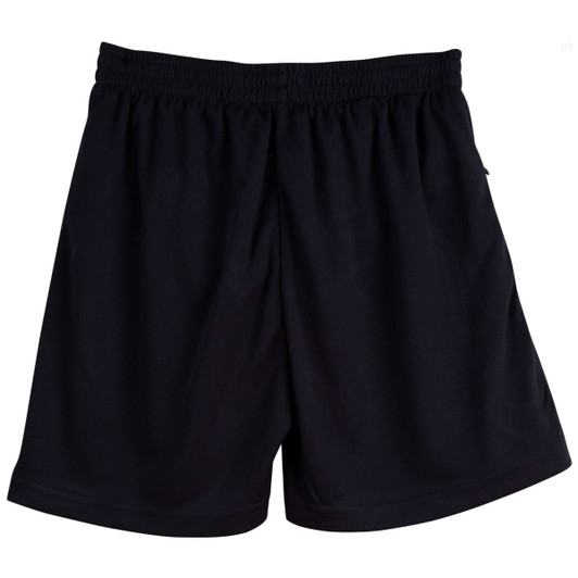 Black adult cooldry sports shorts with an elastic waistband and a logo featured. Suitable for active wear.