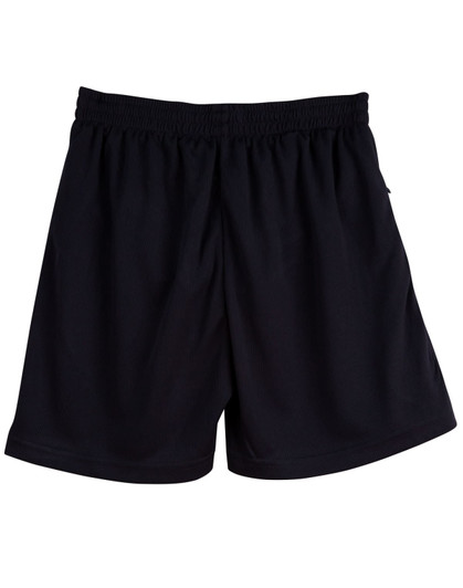 Black adult cooldry sports shorts with an elastic waistband and a logo featured. Suitable for active wear.