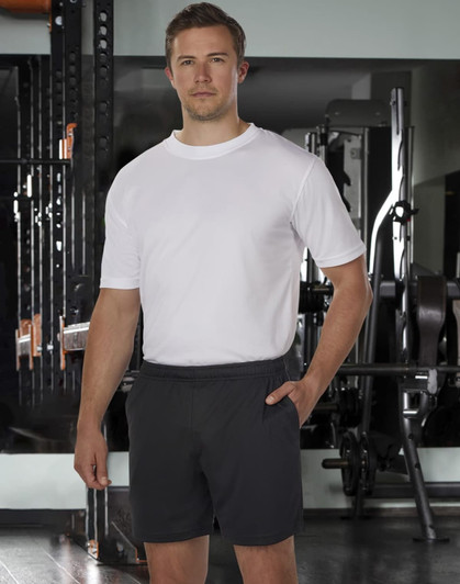 Adults' bamboo charcoal sports shorts in black, featuring an elastic waistband and a side pocket, paired with a white T-shirt.