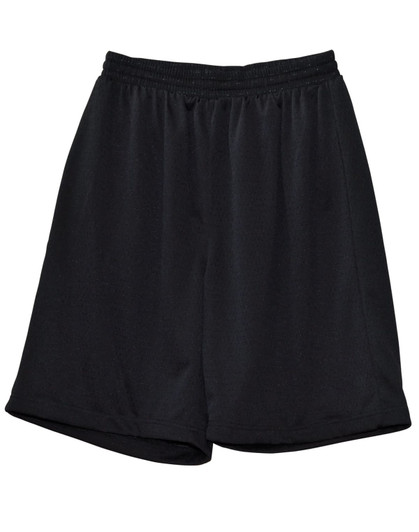 Black adults' basketball shorts featuring an elastic waistband and a logo. Suitable for sports and casual wear.