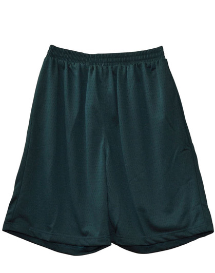 Dark green kid's basketball shorts made from lightweight fabric, featuring an elastic waistband and a logo.