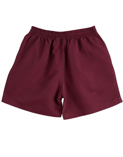 Burgundy microfibre sports shorts with an elastic waistband and smooth fabric. Features a logo.