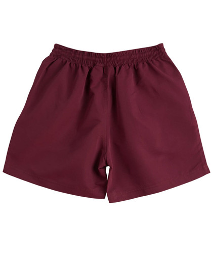 Maroon kids' microfibre sports shorts with an elastic waistband and no pockets, featuring a logo.