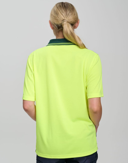 A bright yellow short-sleeve safety polo shirt featuring a contrasting collar and a logo on the back.