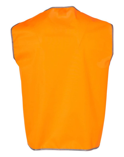 An orange Hi-Vis safety vest with grey trim, featuring a simple design and no sleeves.