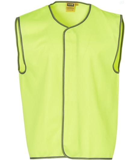 A hi-vis safety vest in bright yellow with grey trim, featuring a sleeveless design and a logo.