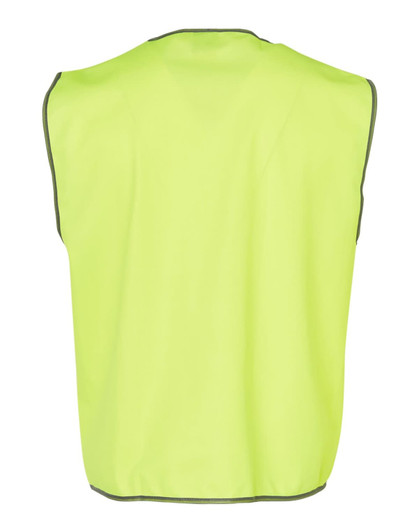 A high-visibility safety vest in bright lime green, featuring a simple design and reflective trim.