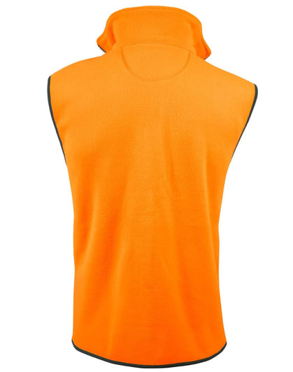 A polar fleecy vest in high-visibility orange, featuring a collar and black edging, with a branding logo.