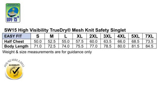 A table displaying size measurements for a Hi-Vis TrueDry Mesh Knit Safety Singlet, featuring a logo and various sizes in metrics.