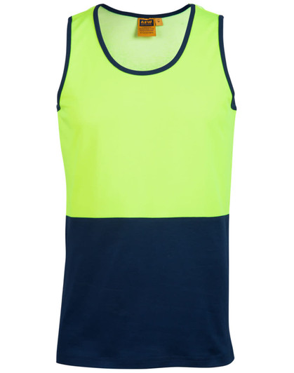 A Hi-Vis safety singlet featuring a bright yellow upper section and a navy blue lower section, with a tag inside.