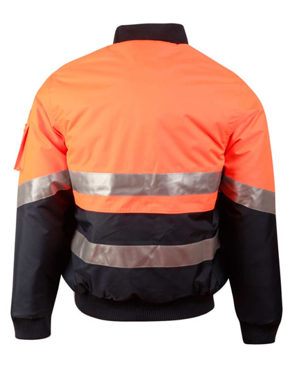 A Hi-Vis two-tone flying jacket in orange and navy, featuring reflective 3M tapes. Includes a visible logo.