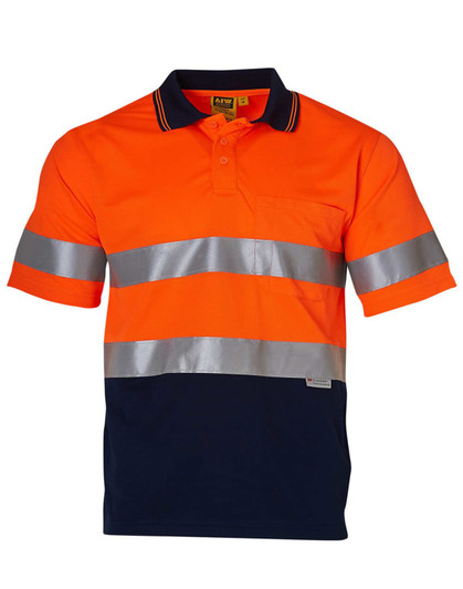 An orange and navy short-sleeve safety polo with reflective 3M tape and a pocket, featuring a logo on the front.