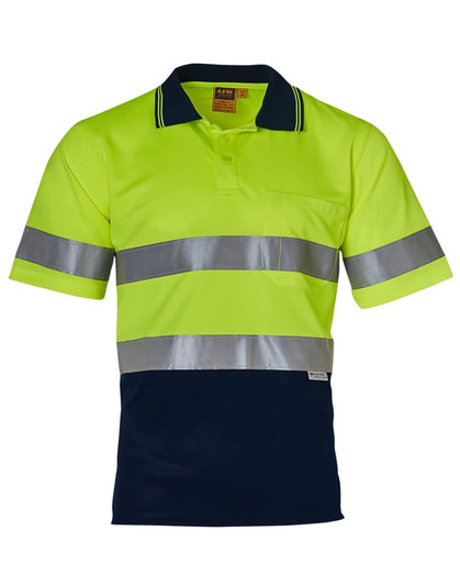 A high-visibility short-sleeve safety polo in fluorescent yellow with navy and reflective silver stripes, featuring a pocket.