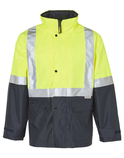 Hi-Vis two-tone rainproof safety jacket in bright yellow and navy, featuring 3M reflective tape and pockets.