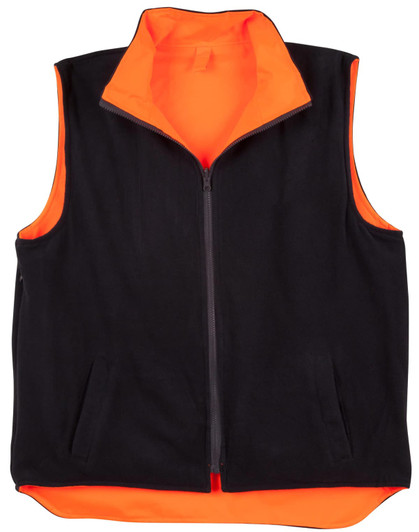 A reversible safety vest featuring a black exterior and bright orange interior, designed with pockets and a zip front.