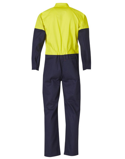 A men's cotton drill coverall in hi-vis yellow and navy, featuring long sleeves and a back view. It includes a logo.