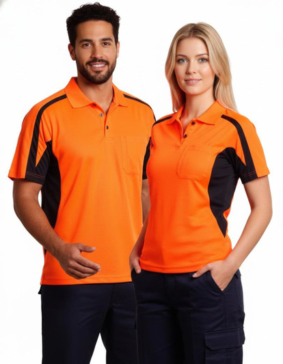 A men's and women's work polo shirt in bright orange with black detailing and a logo. Suitable for workwear.