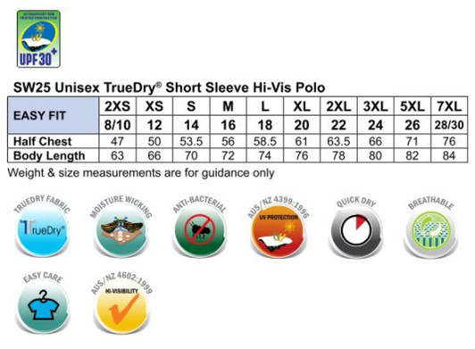 A hi-vis short sleeve polo in several sizes, featuring a logo and various care/technology icons.