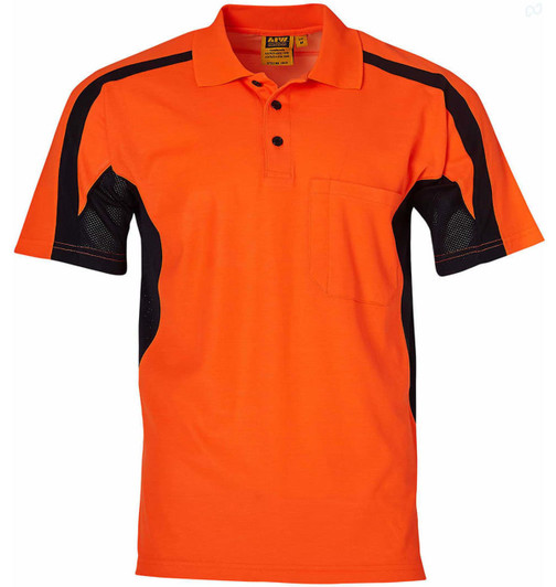 An orange short-sleeve safety polo shirt featuring black side panels and a chest pocket. It includes a logo.