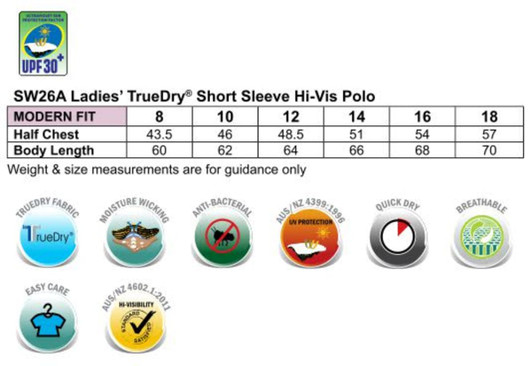 A range of measurement details for a ladies' short sleeve hi-vis polo shirt in multiple sizes.