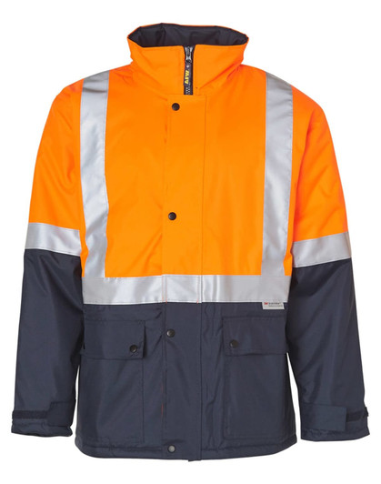 A hi-vis two-tone rainproof quilted safety jacket featuring bright orange and navy blue colours, with reflective 3M tapes.