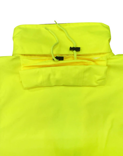 A bright yellow rainproof jacket featuring a quilted design and a hood with adjustable cords. It includes branding.