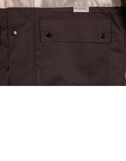 A black and grey safety jacket featuring 3M reflective tape and a front pocket with snap buttons. It has a branding label.