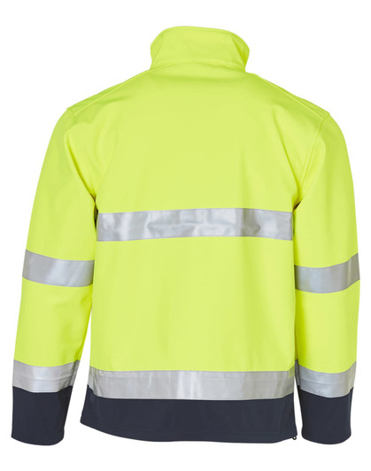 A high-visibility two-tone safety jacket in bright yellow with reflective silver strips and a dark navy base.