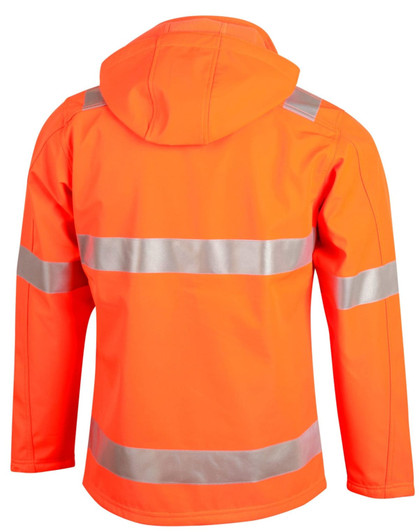 A hi-vis softshell hooded jacket in bright orange with reflective 3M tape details, featuring a hood and long sleeves.