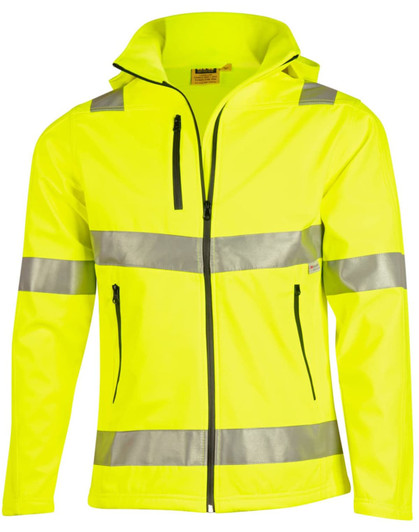 Hi-vis yellow softshell hooded jacket featuring silver 3M reflective tape and zip pockets. Includes branding on the jacket.